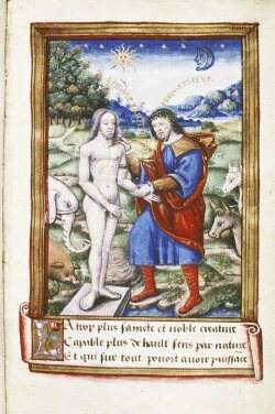 rometheus als Schöpfer des ersten Menschen. Buchmalerei in einer Handschrift von Ovids Metamorphosen in französischer Übersetzung